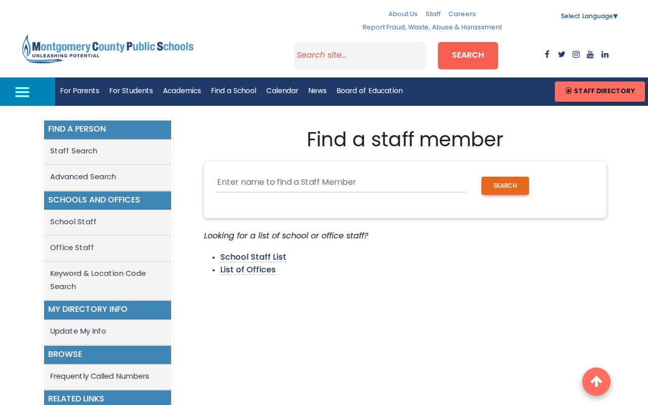 Olney people directories view of the Montgomery schools staff directory